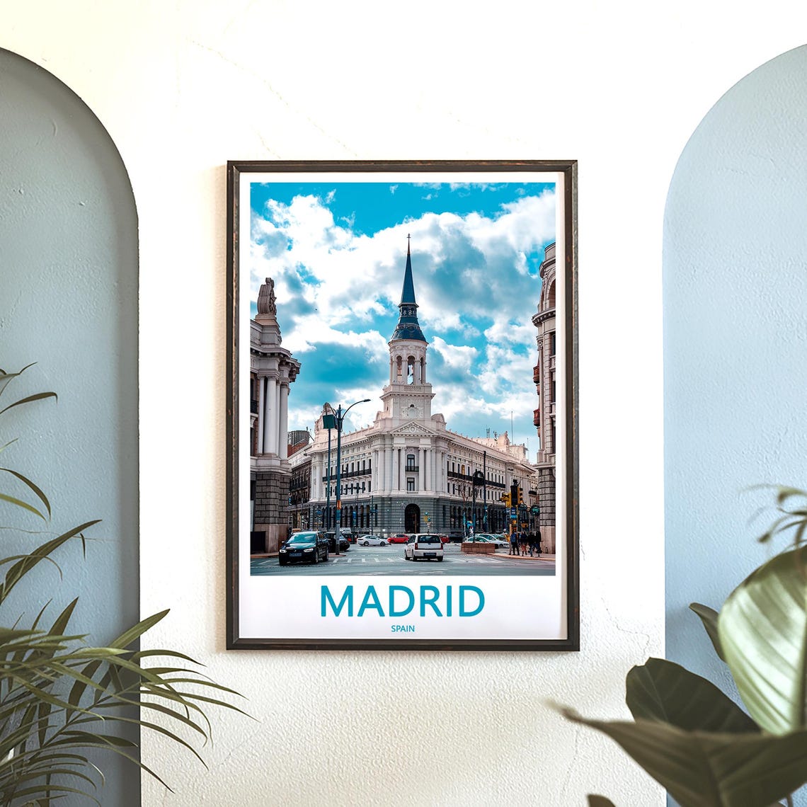 Madrid White Landmark Blue Spire Street Traffic Photo Poster - Image 3