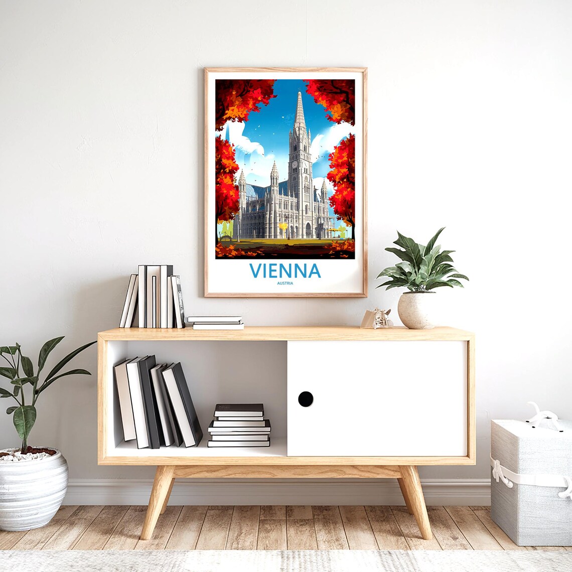 Vienna Austria Gothic Church Framed by Red Autumn Trees Poster - Image 2