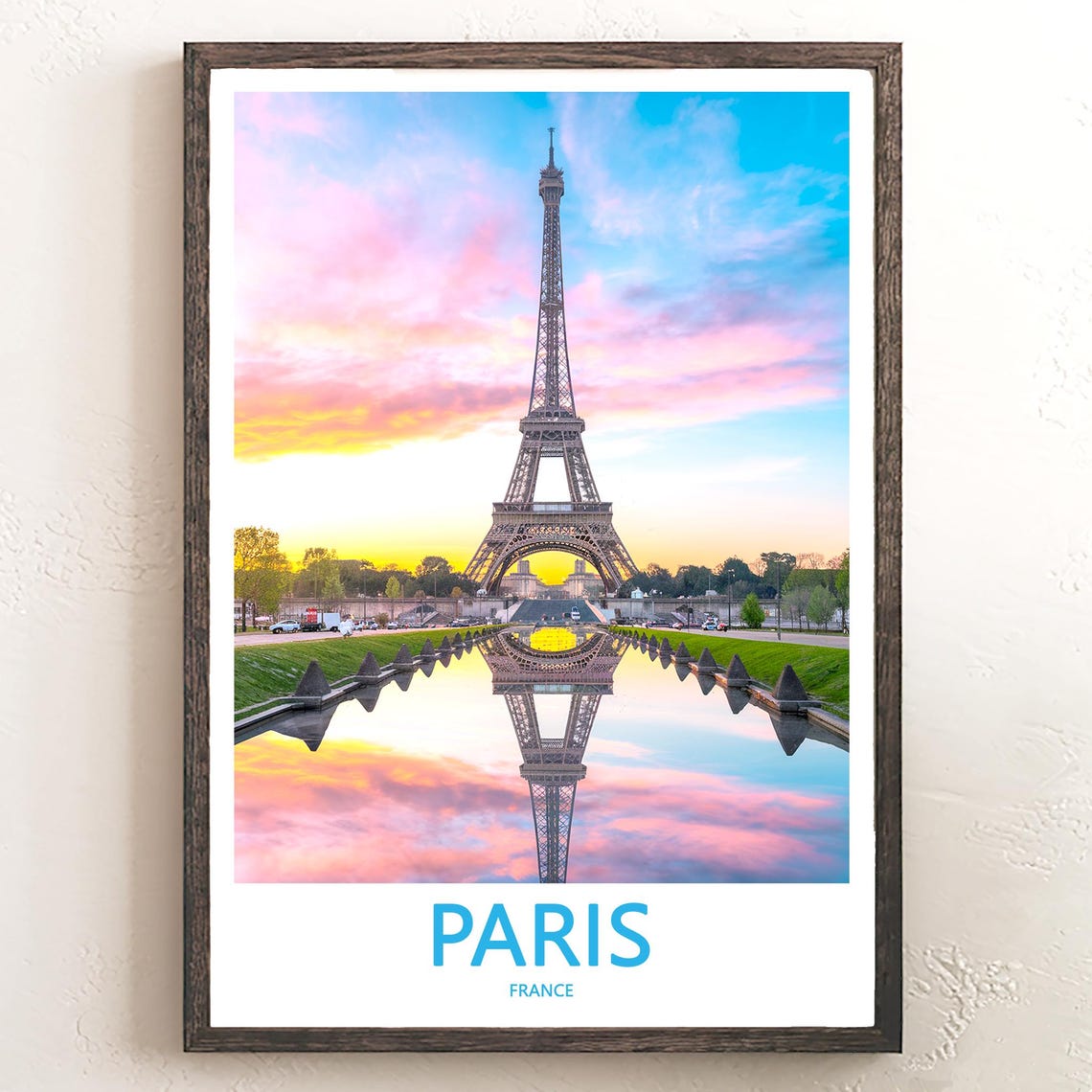Paris Eiffel Tower Sunrise Pool Reflection Pastel Sky View Poster