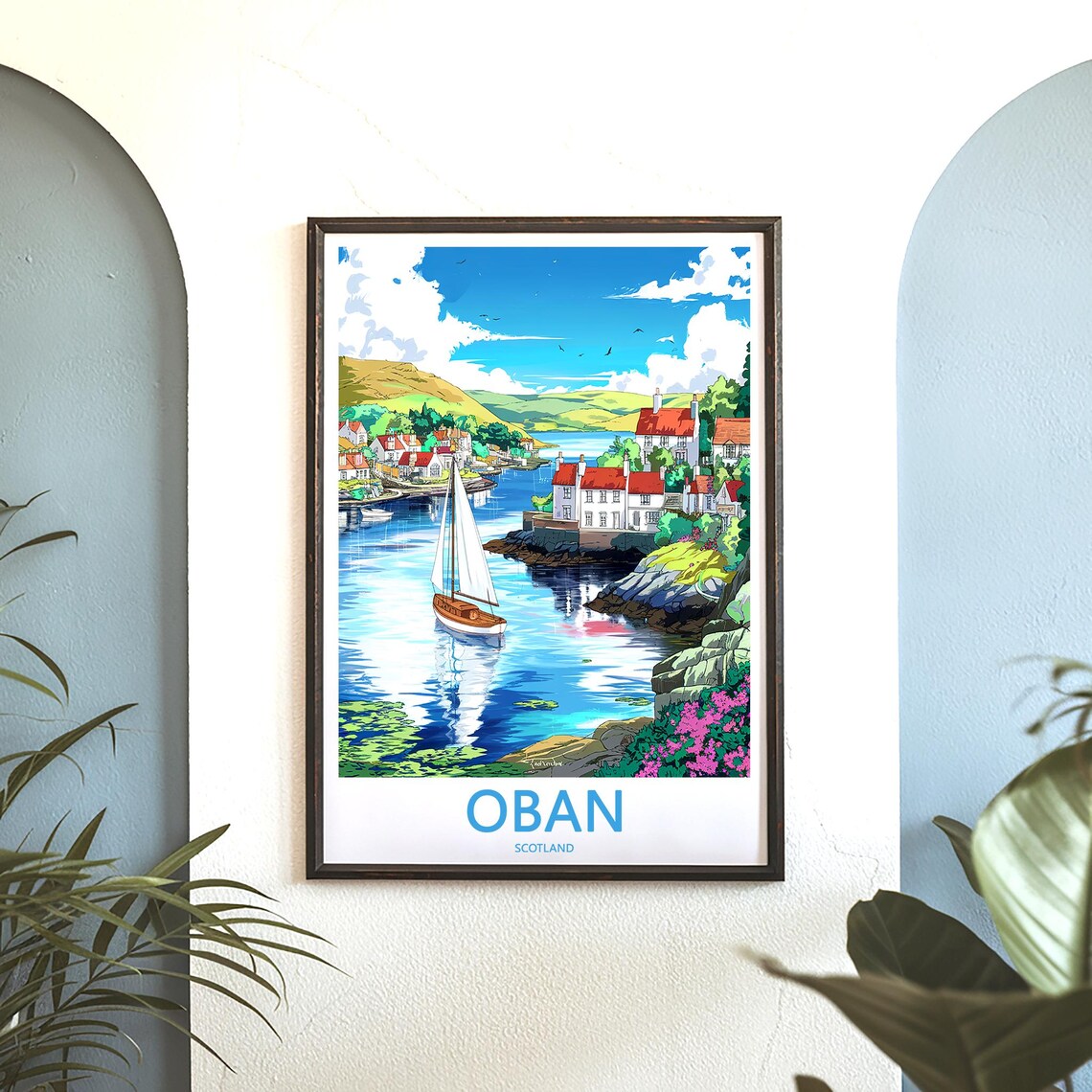 Oban Scotland Wooden Sailboat in Cove with Pink Blossoms Poster - Image 3