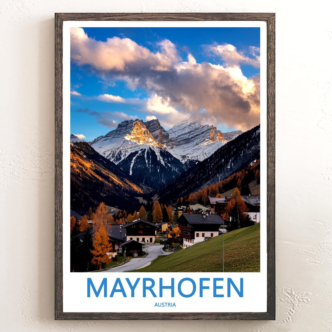 Mayrhofen Austria Snowy Alpine Valley at Golden Hour Travel Poster