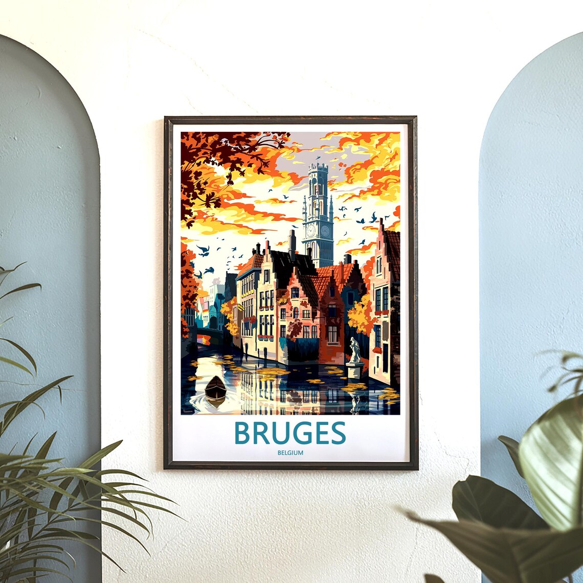 Bruges Fiery Sunset over Canal and Belfry Tower Travel Poster - Image 3