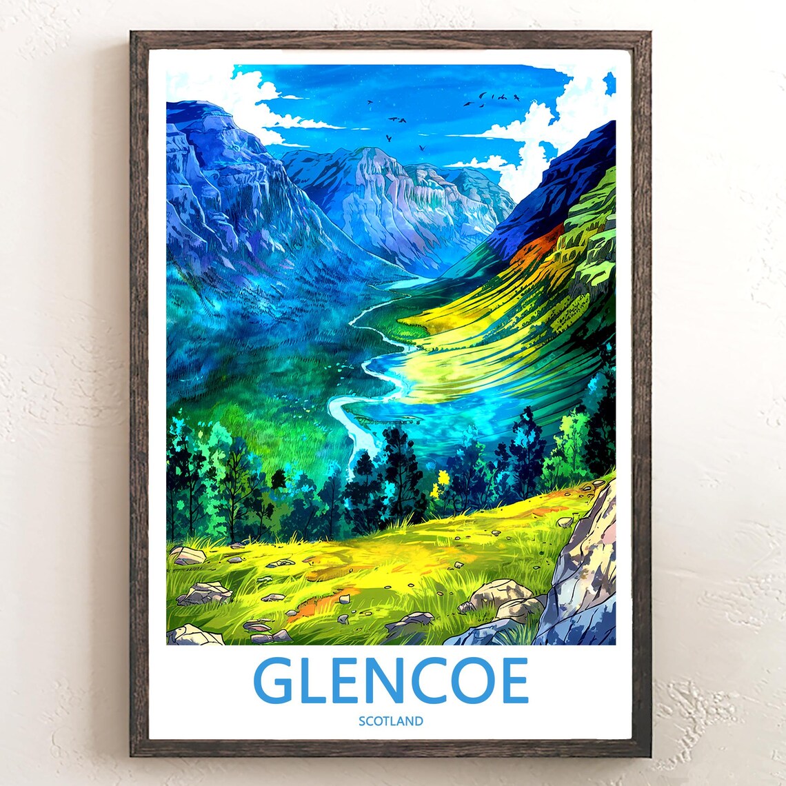 Glencoe Scotland Scenic Vivid Green Valley Blue Peaks Vista Poster