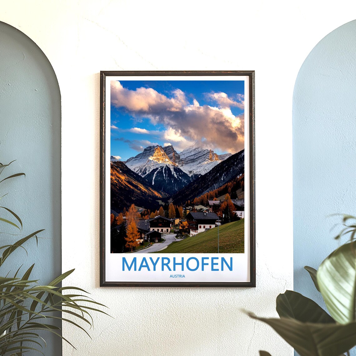 Mayrhofen Austria Snowy Alpine Valley at Golden Hour Travel Poster - Image 3