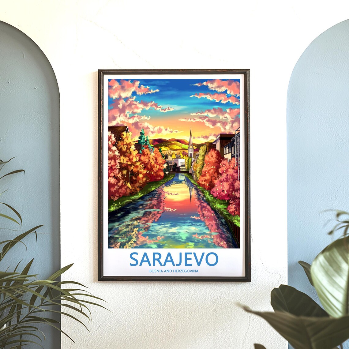 Sarajevo Flowering Riverside Canal and Church Tower Sunset Poster - Image 3