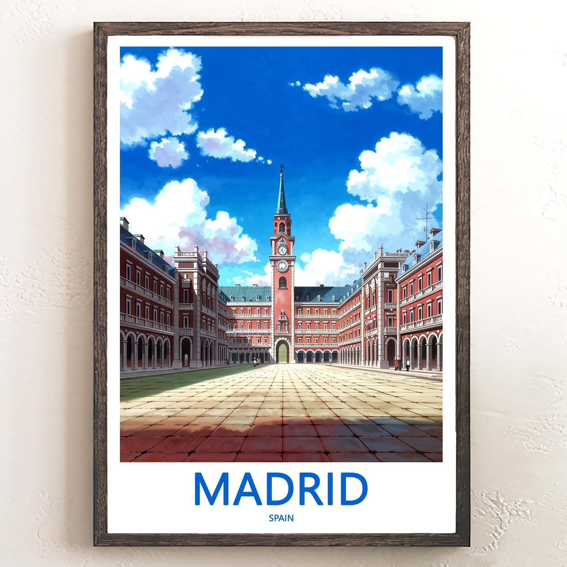 Madrid Plaza Mayor Stylized Illustration Deep Blue Sky Poster