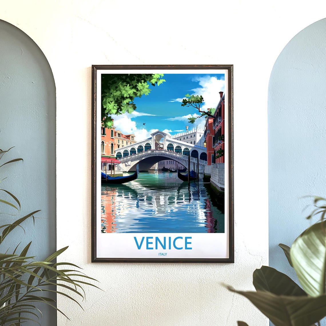 Venice Italy Rialto Bridge Framed By Lush Green Trees Art Poster - Image 3