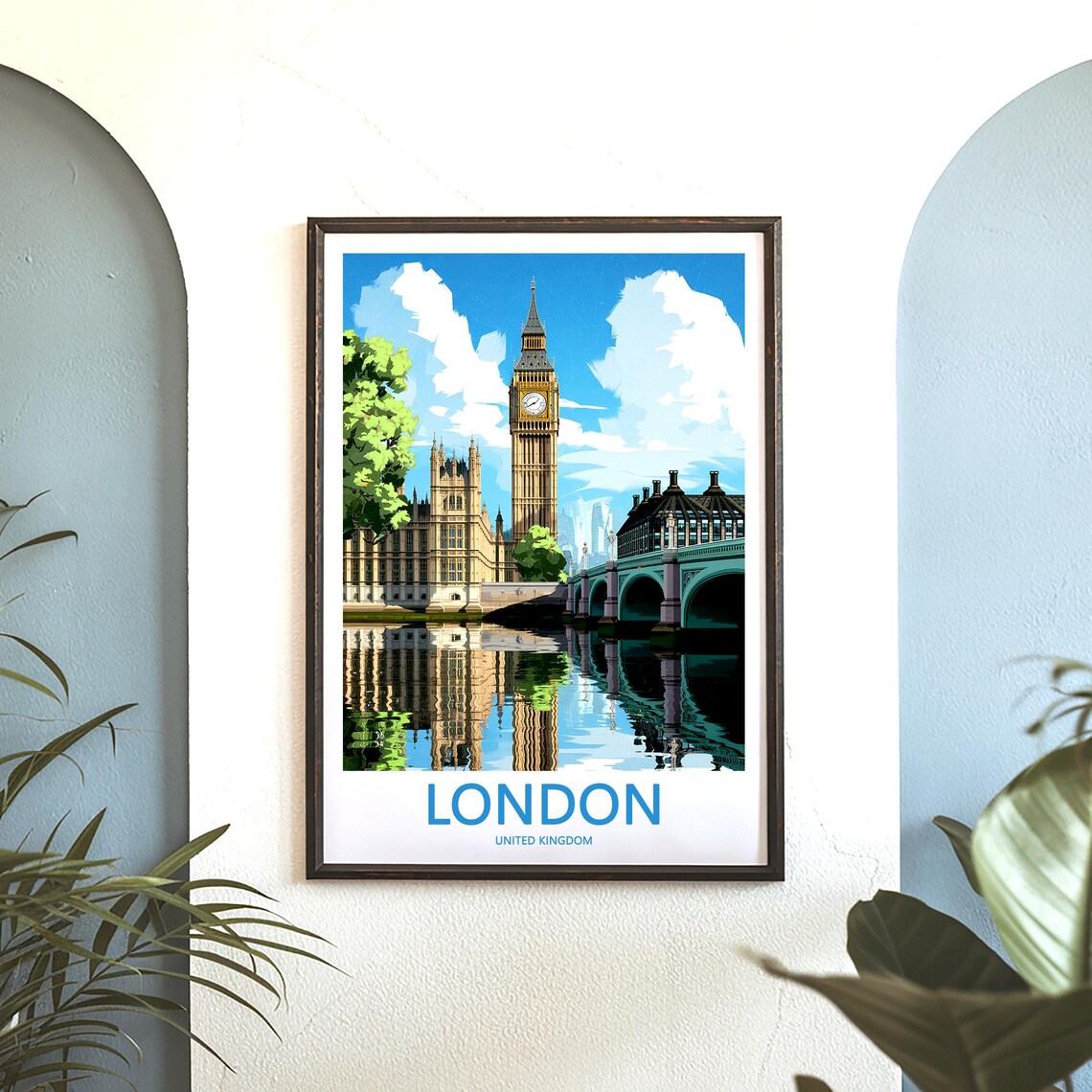 London Parliament Big Ben Mirrored Thames Daytime View Poster - Image 3