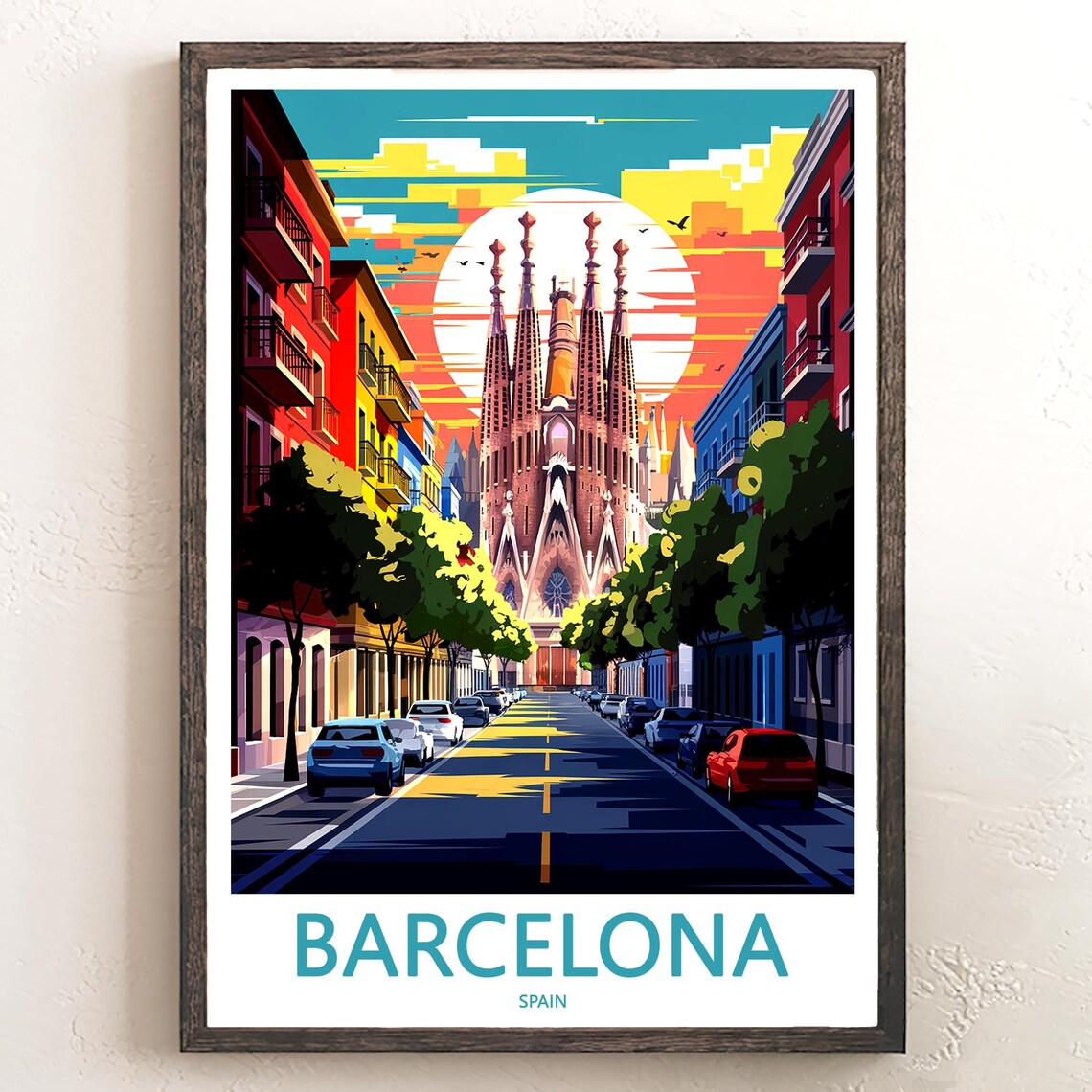 Barcelona Sagrada Familia Retro Street Sunset Big Sun Travel Poster