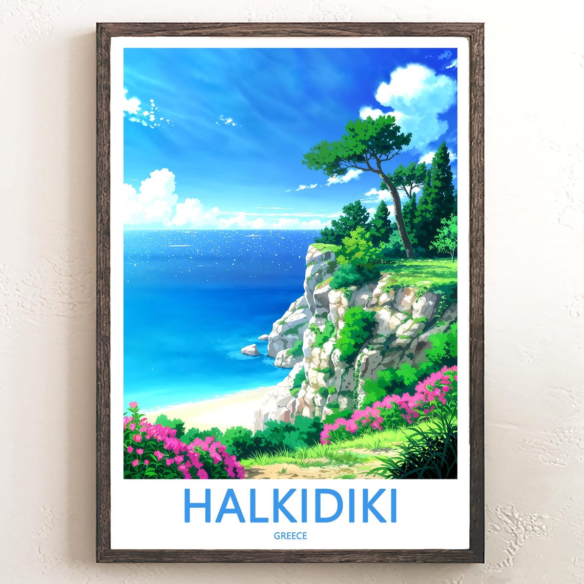 Halkidiki Greece Anime Style Pine Tree Cliff Over Turquoise Sea Poster