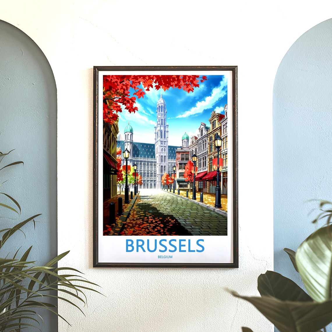 Brussels Belgium Autumn Street Town Hall Scene Travel Poster - Image 3