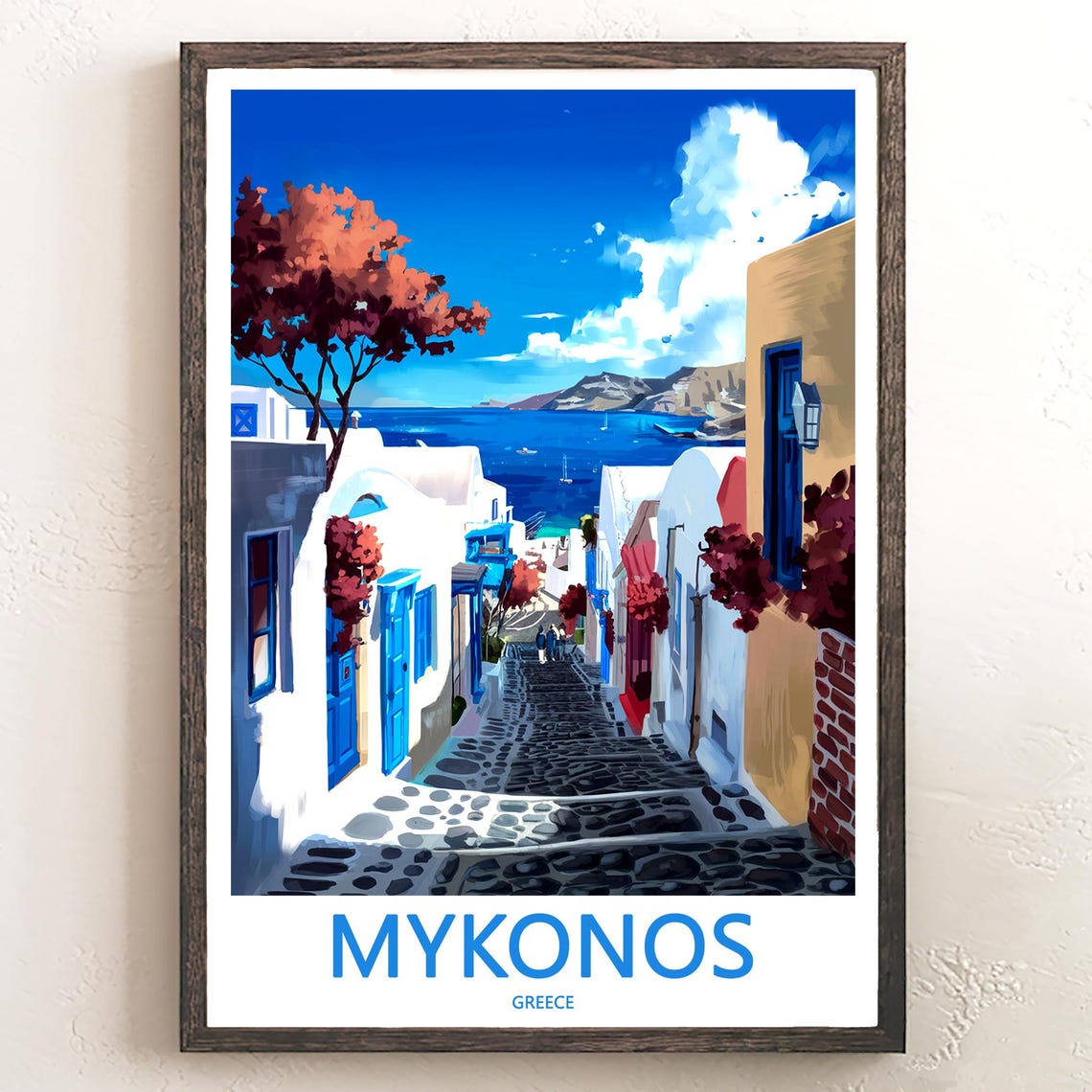 Mykonos Red Tree Cobbled Street Bay View Greece Decor Poster