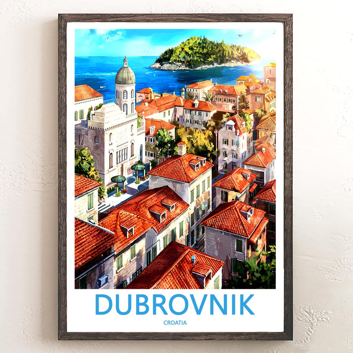 Dubrovnik Croatia Red Rooftops Bell Tower and Island View Anime Poster
