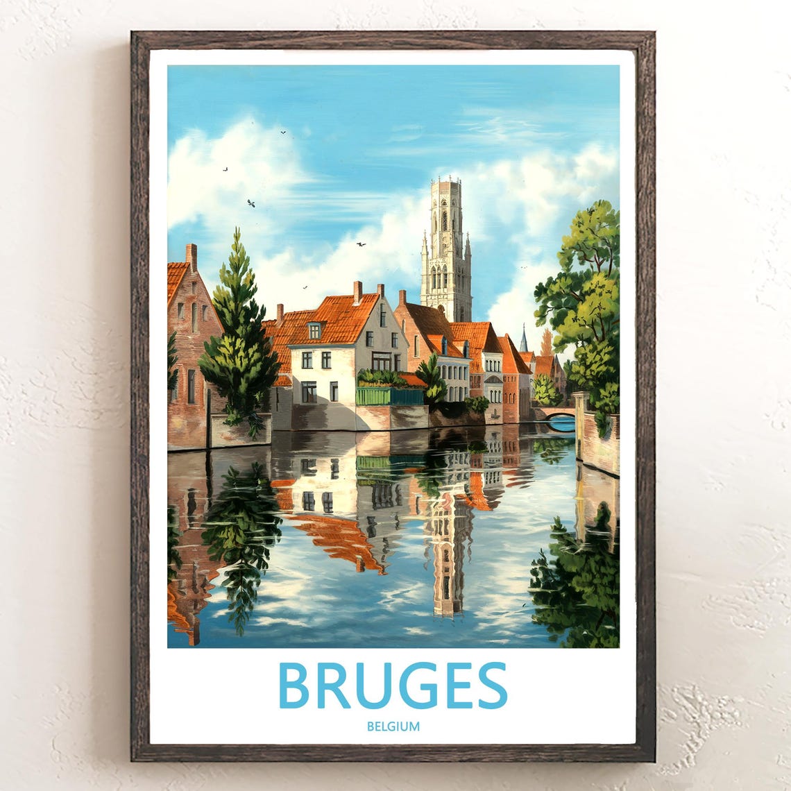 Bruges Belgium Canal Tall Church Tower and Morning Calm Poster