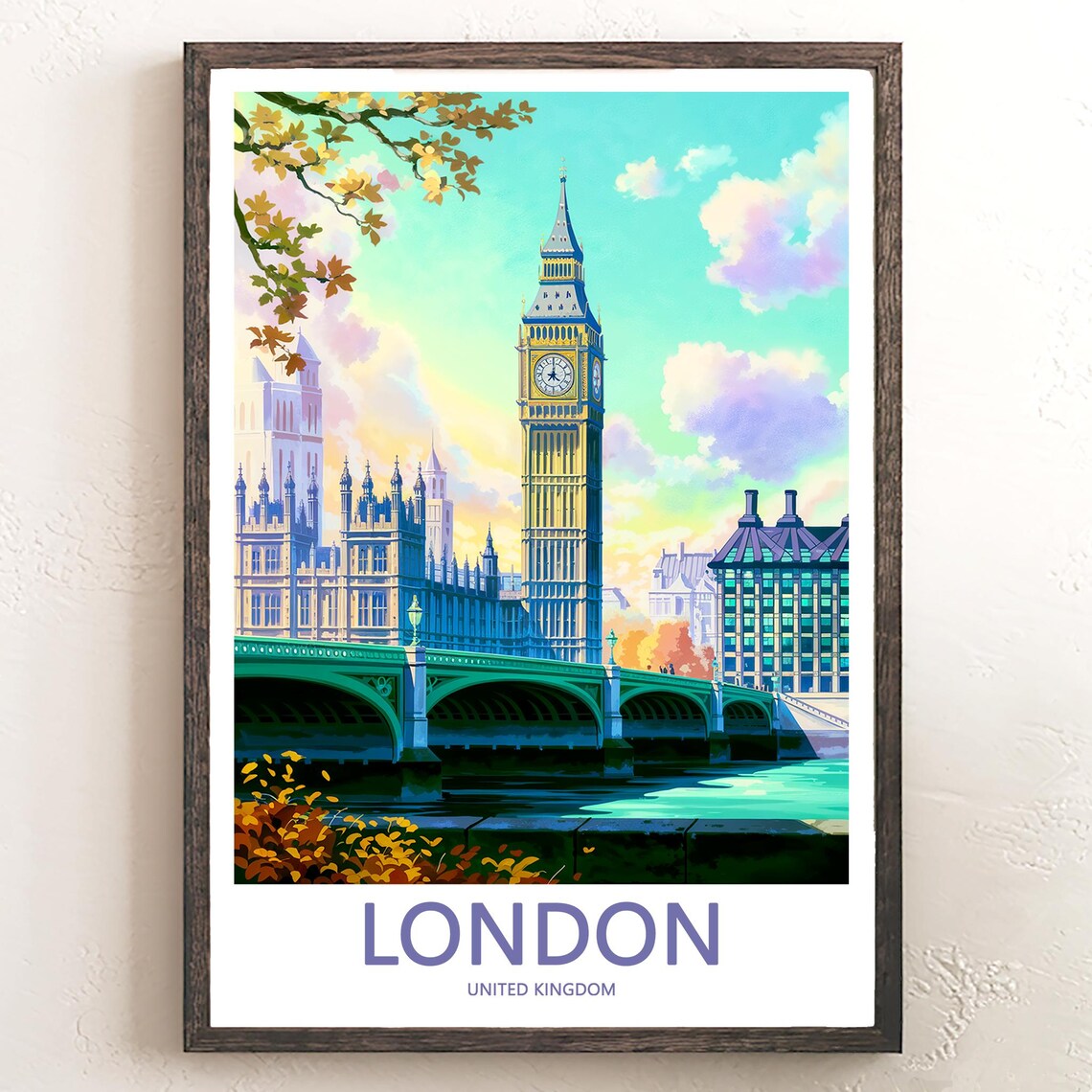 Big Ben on a Soft Pastel Morning with Golden Autumn Leaves Poster