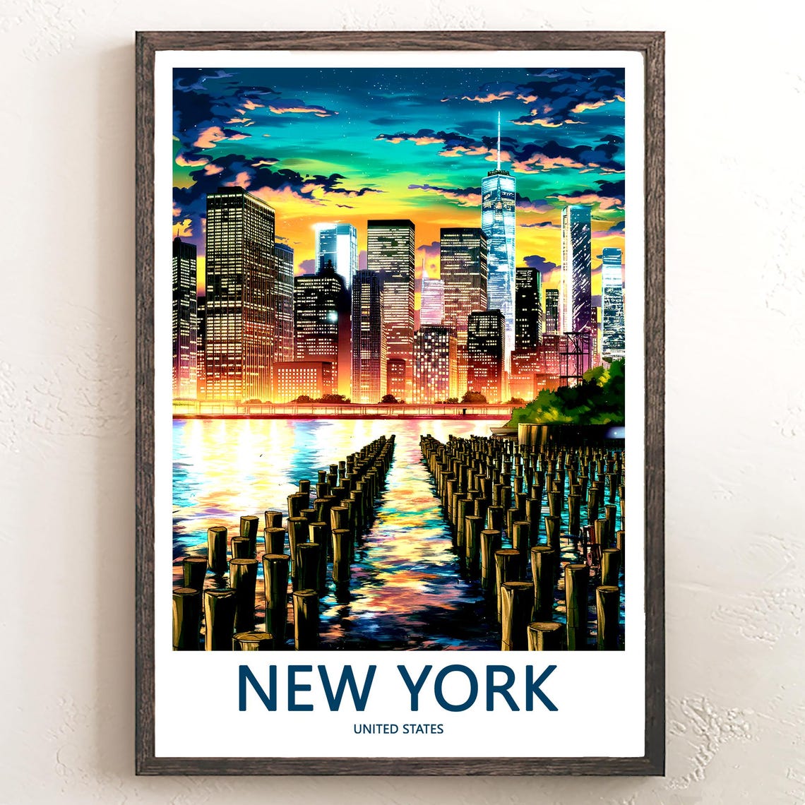 New York Manhattan Dramatic Dusk Clouds Skyline Water Poster