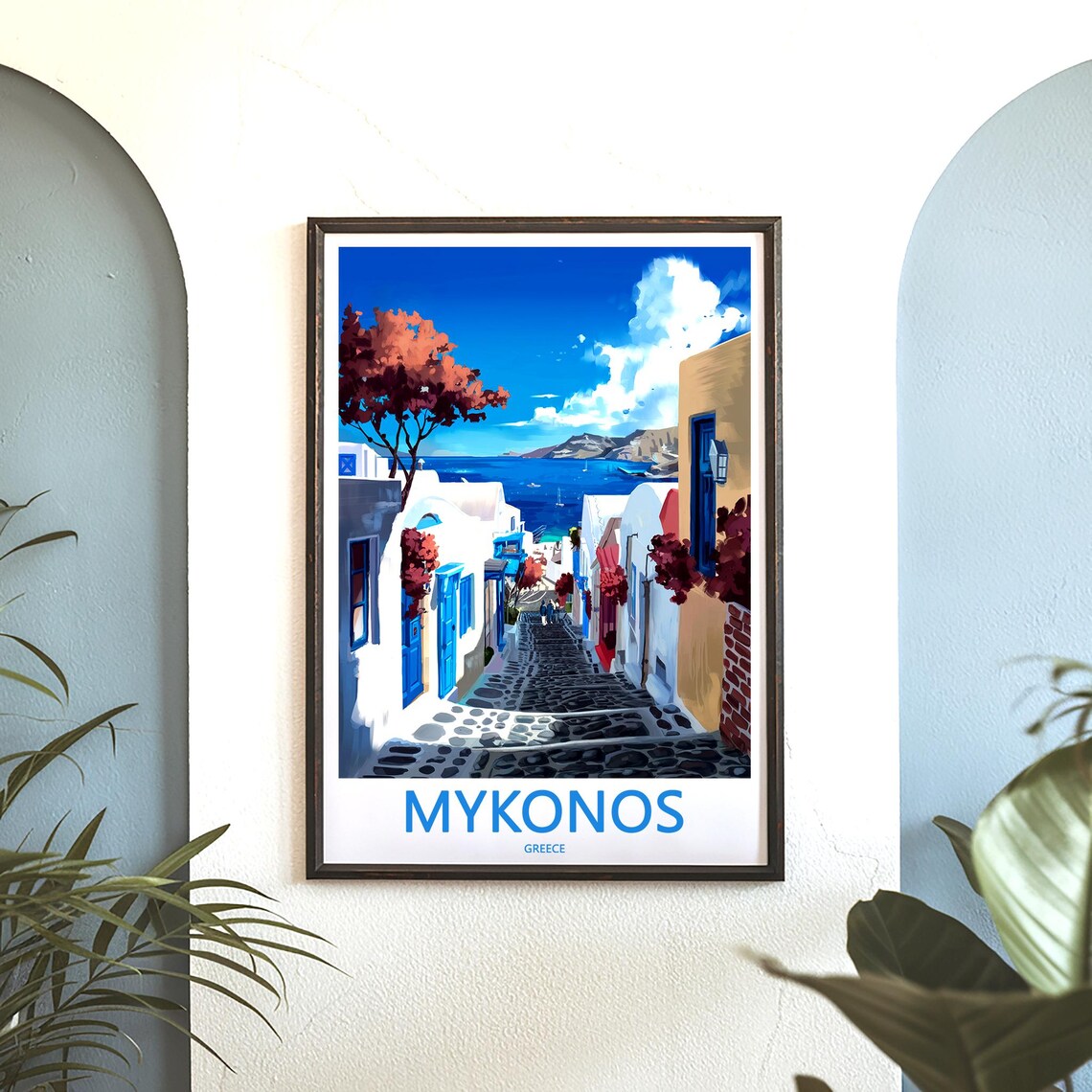 Mykonos Red Tree Cobbled Street Bay View Greece Decor Poster - Image 3