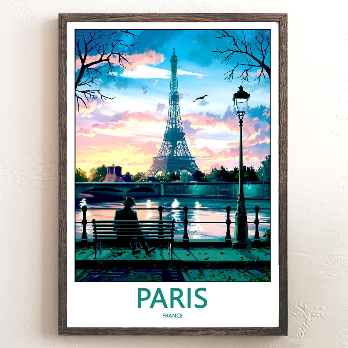 Paris Eiffel Tower Sunset Over the Seine Riverside Bench Poster