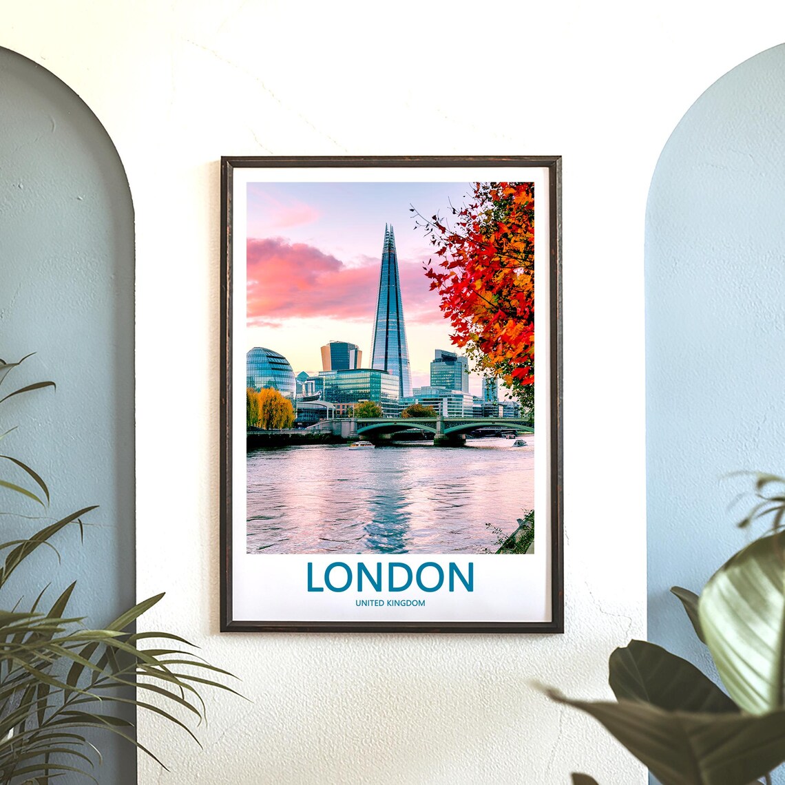 The Shard at Pink Sunset with Maple Leaves and Bridge Poster - Image 3