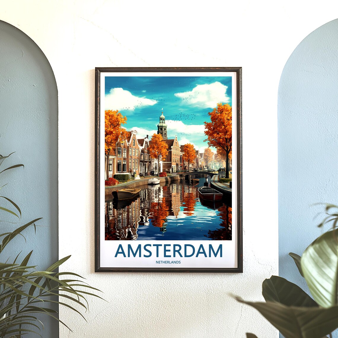 Scenic Amsterdam Golden Autumn Canal Boats Art Travel Poster - Image 3