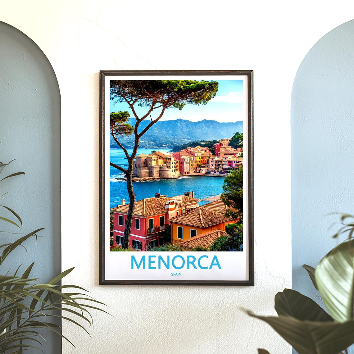 Menorca Spain Pastel Coastal Town Framed by Umbrella Pine Trees Poster - Image 3
