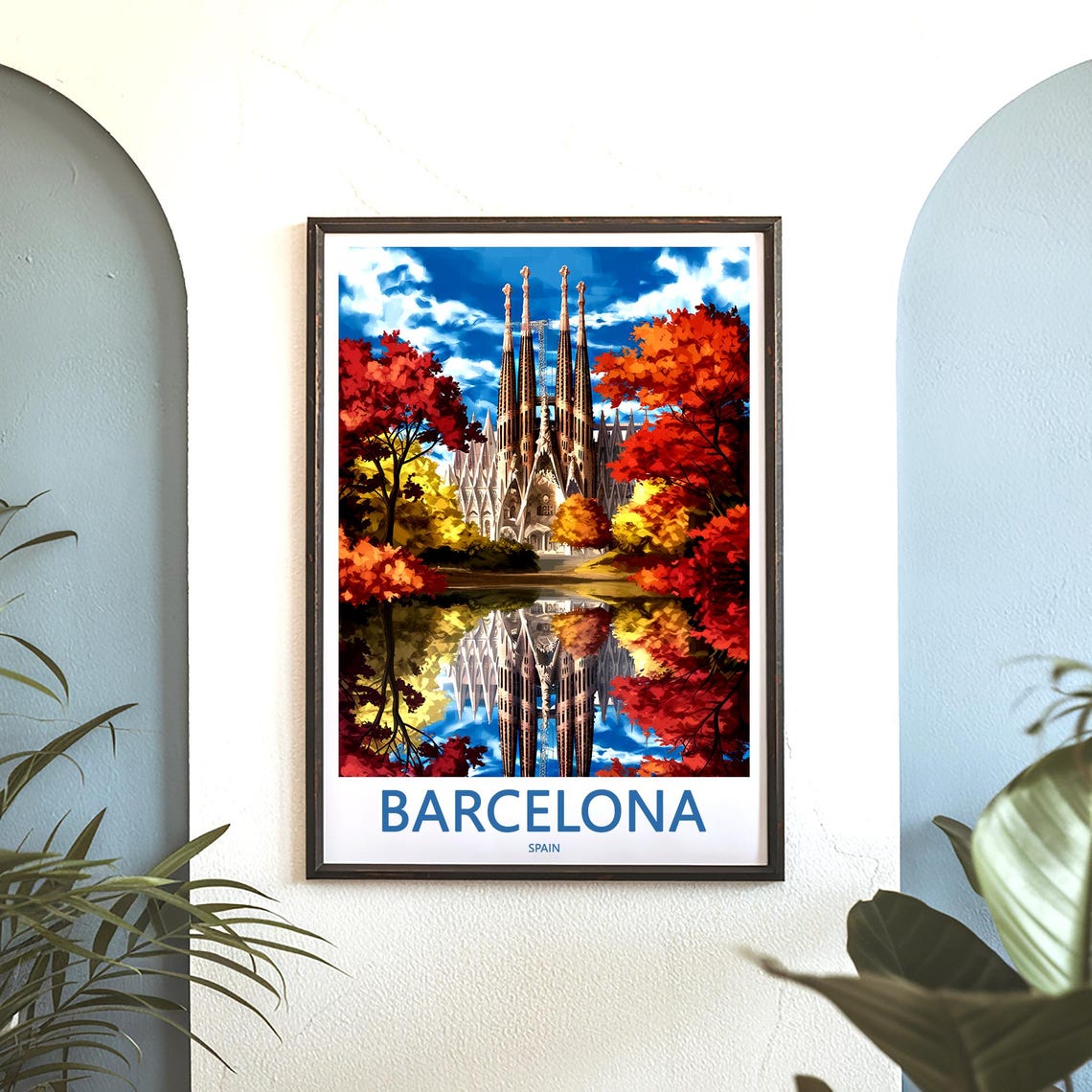 Barcelona Sagrada Família Painted Fall Reflection Scene Poster - Image 3
