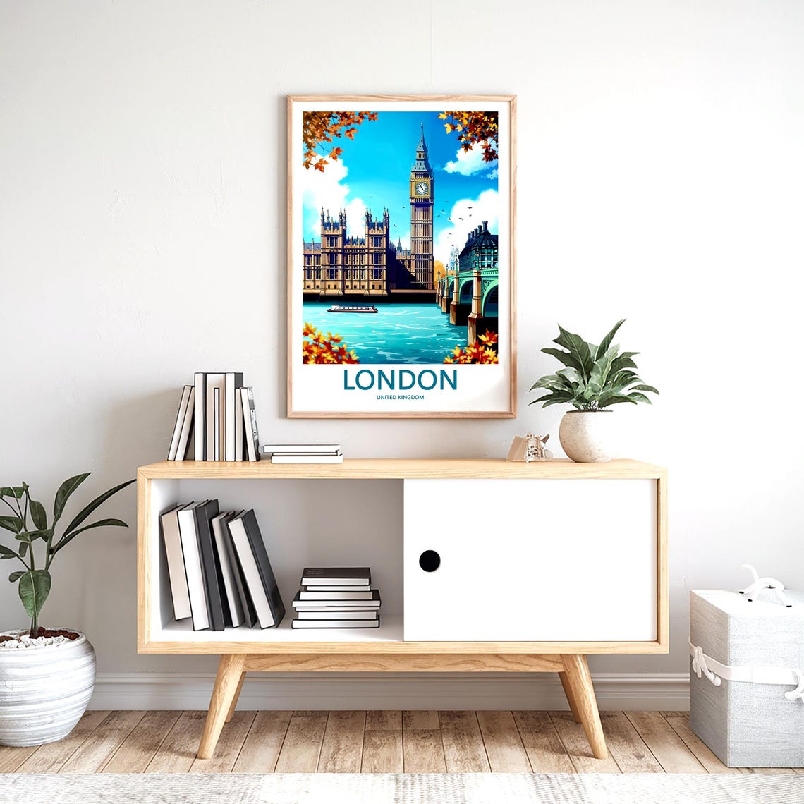 London Big Ben Autumn Teal Thames and River Boat View Poster - Image 2