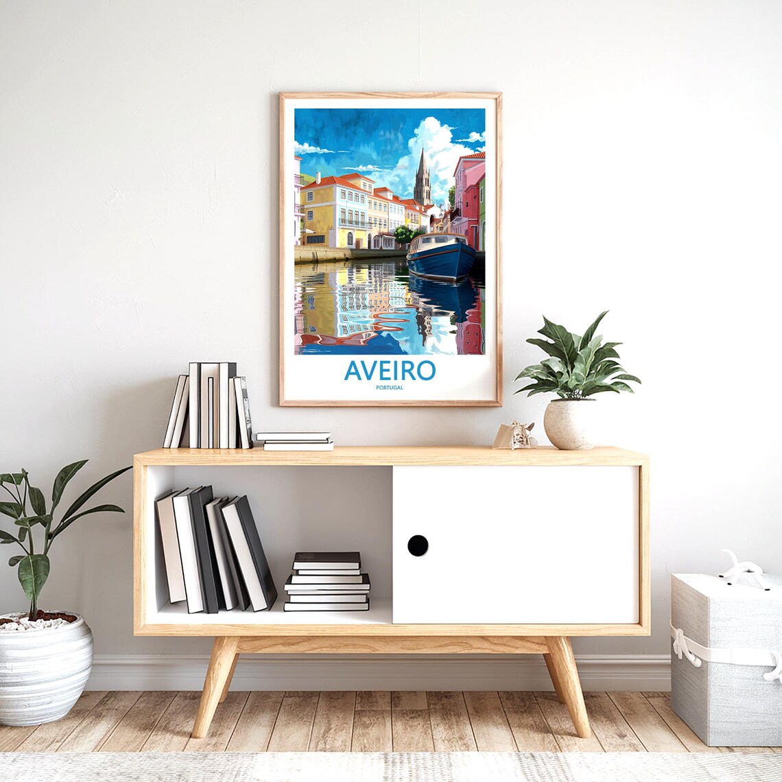 Aveiro Portugal Illustrated Canal Blue Boat Church Tower Travel Poster - Image 2