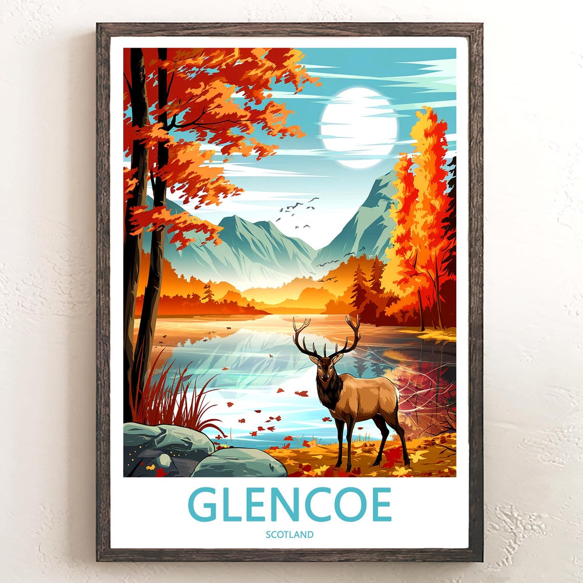 Glencoe Scotland Autumn Stag by the Loch Waterside View Poster