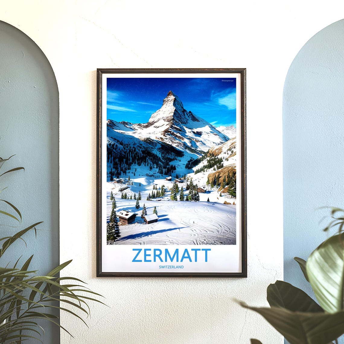 Zermatt Matterhorn Above Ski Trails and Rustic Mountain Cabins Poster - Image 3