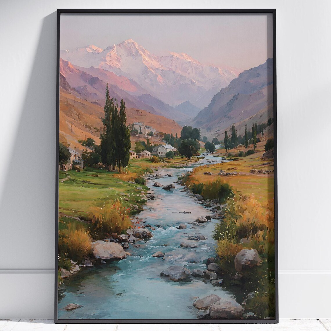 Mountain Valley River Sunrise Snow Peaks Village Landscape Poster