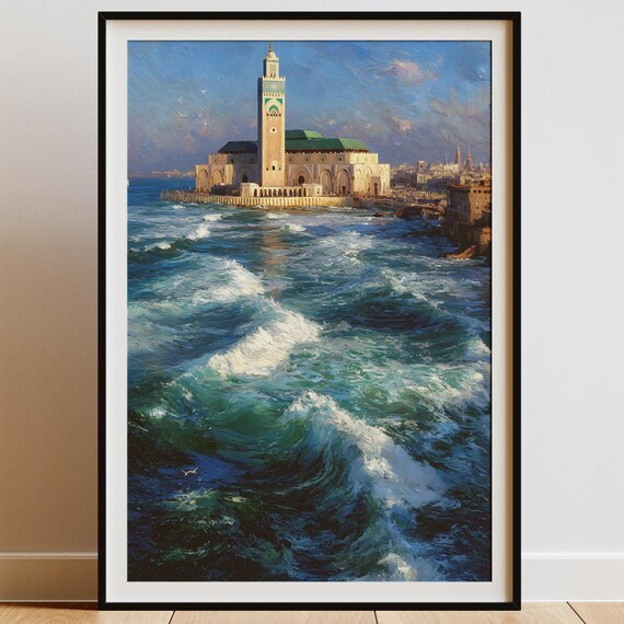 Hassan II Mosque Casablanca Ocean Waves Oil Painting Coastal Art Poster