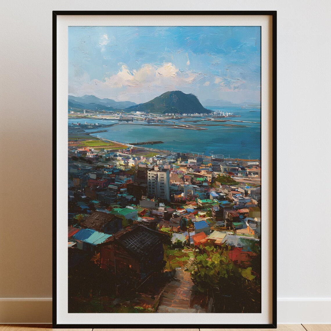 Jeju Island South Korea Coastal City Harbor Painting Ocean Poster