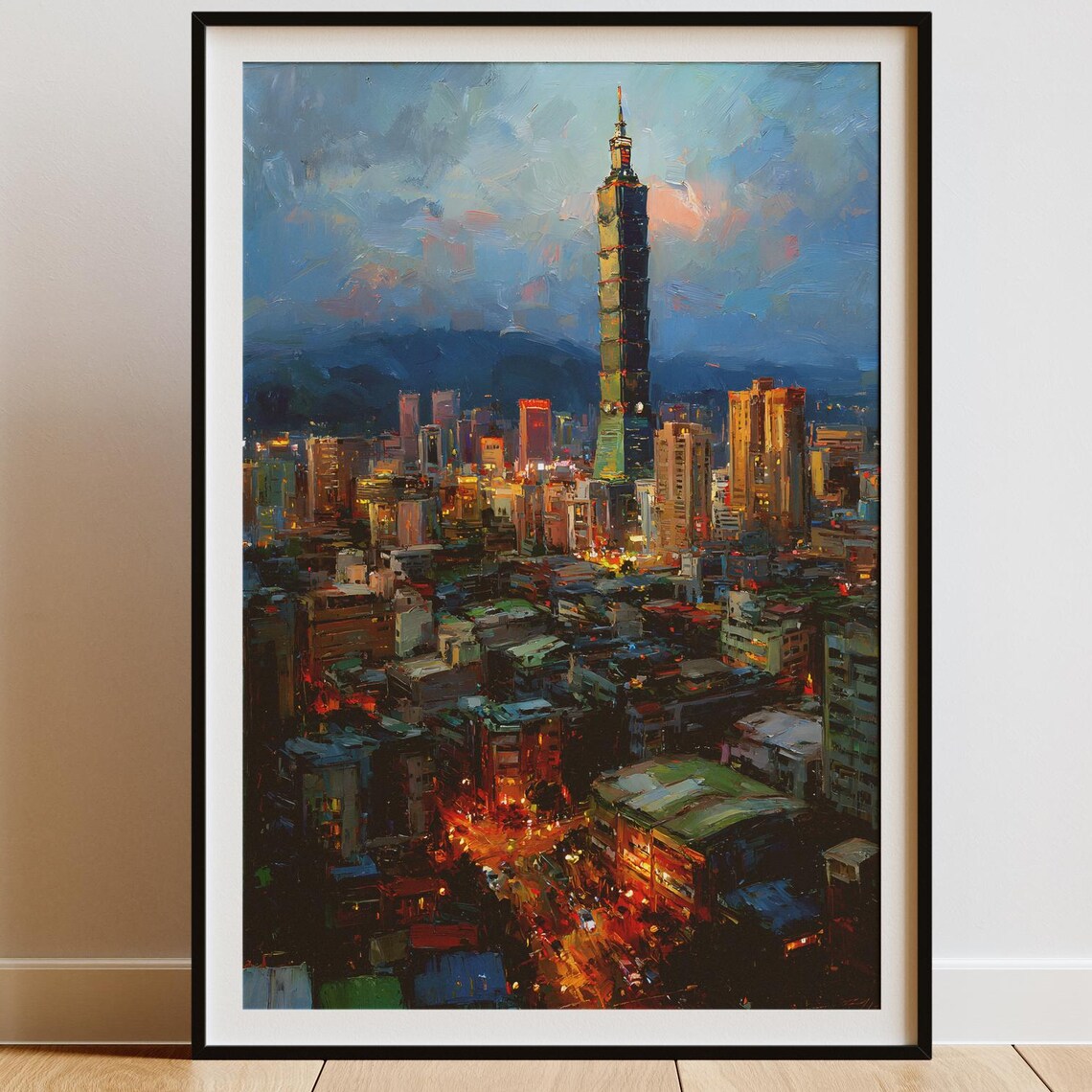 Taipei 101 Tower Night Cityscape Lights Skyline Oil Painting Poster