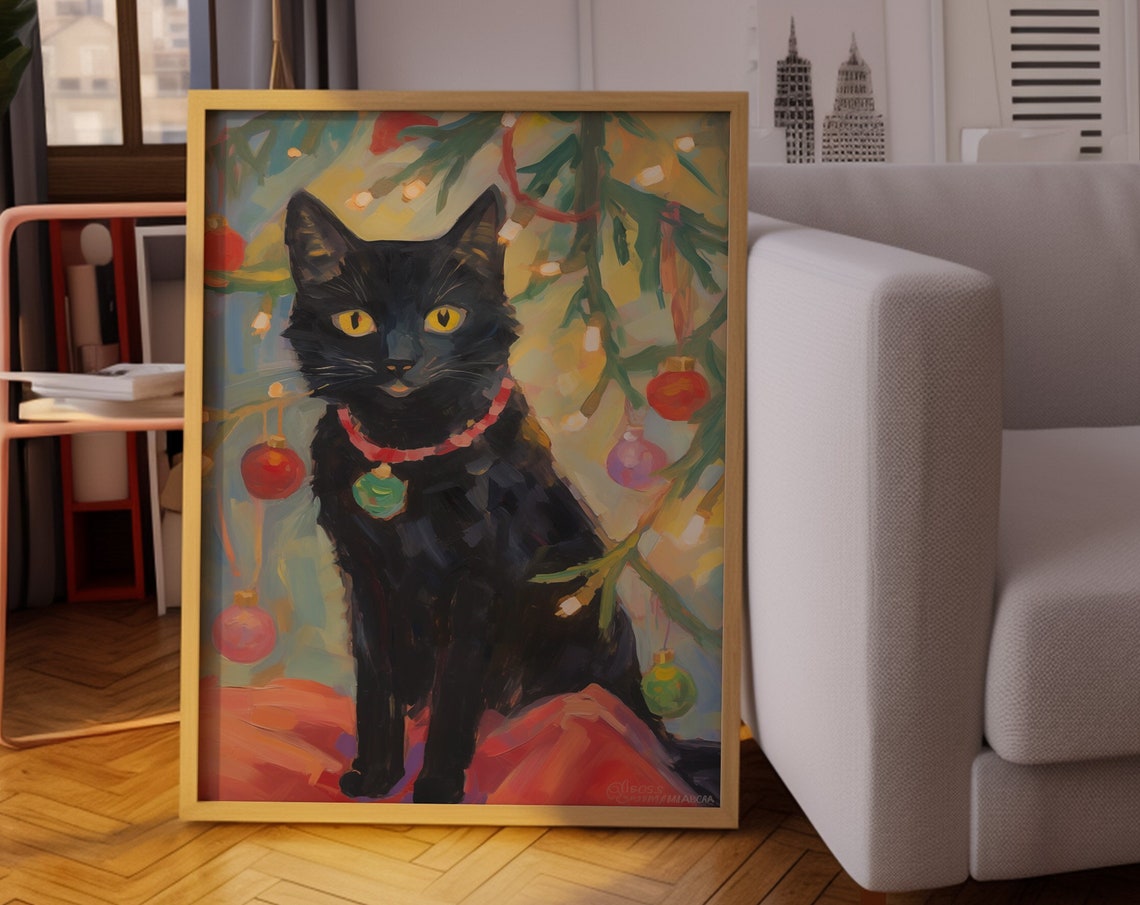 Black Cat With Red Collar Under A Christmas Tree Holiday Poster