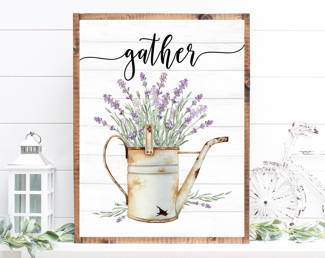 Gather Script Lavender in Rustic Watering Can Watercolor Sign Poster