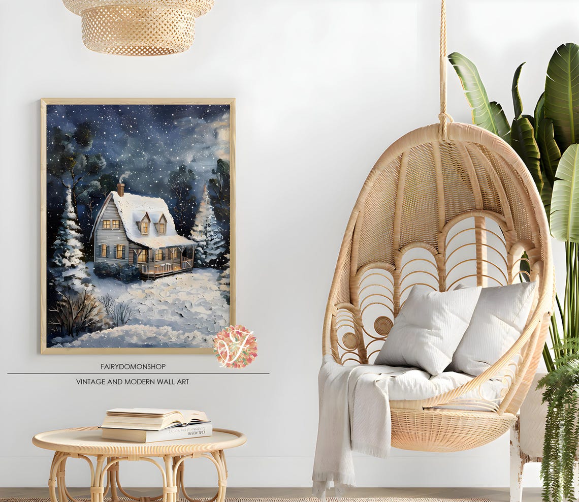 Cozy Cabin Starry Night Poster Snowy Winter Hideaway Holiday Decor Art - Image 2