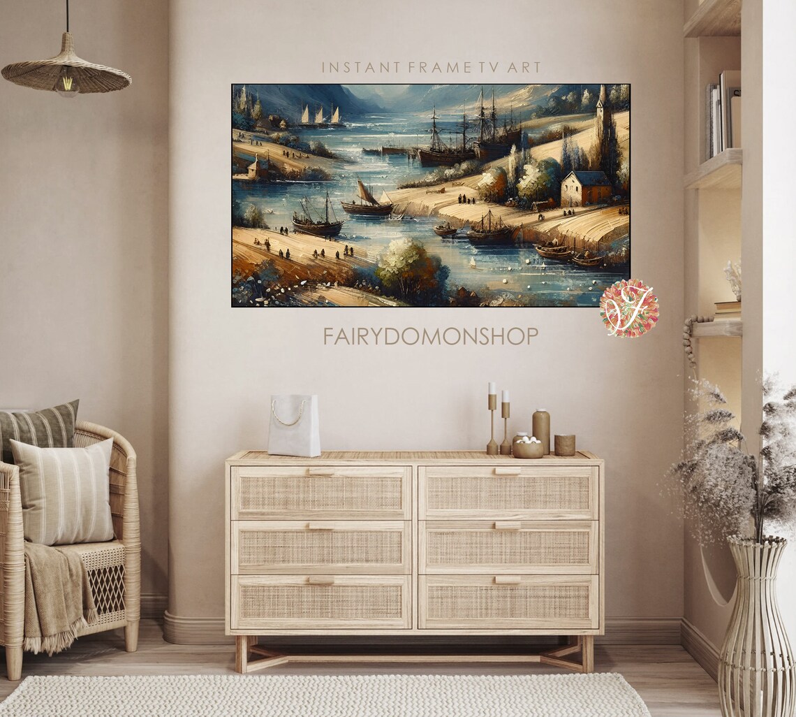 Old Harbor Tall Ships Historic Village Nautical Oil Painting Poster - Image 3
