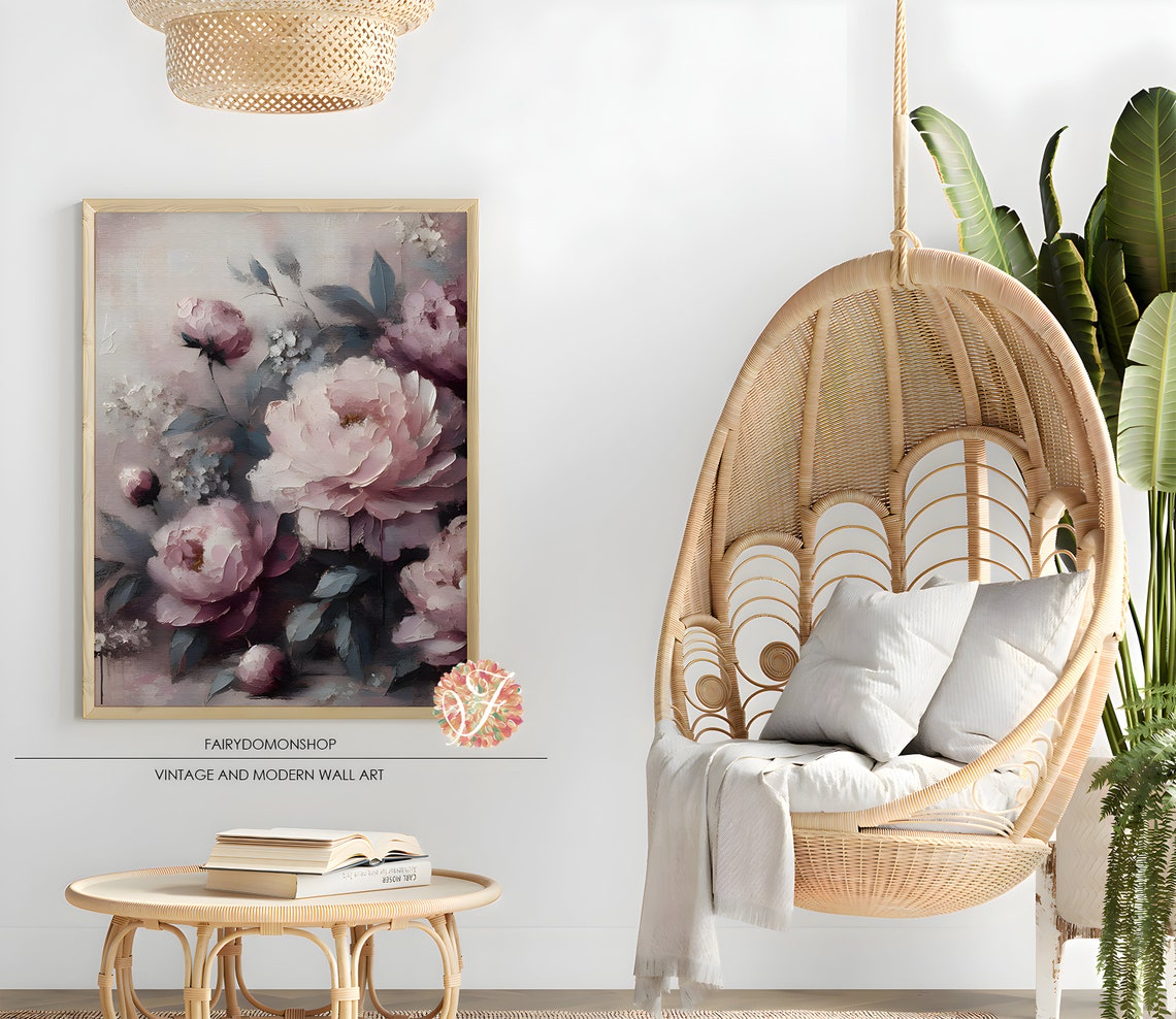 Blush Pink Peonies Soft Floral Botanical Oil Painting Poster - Image 2