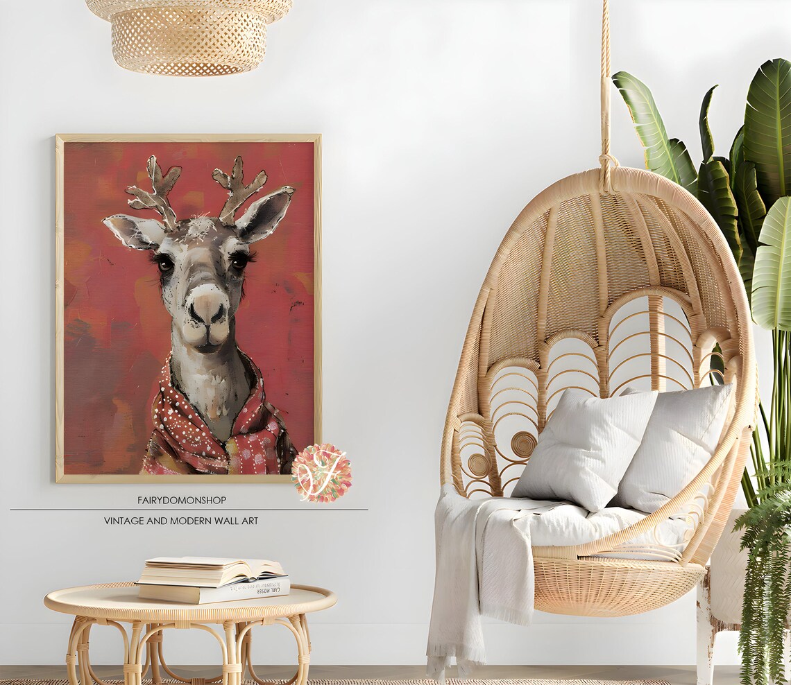 Deer Portrait Red Scarf Poster Bold Crimson Watercolor Holiday Decor - Image 2