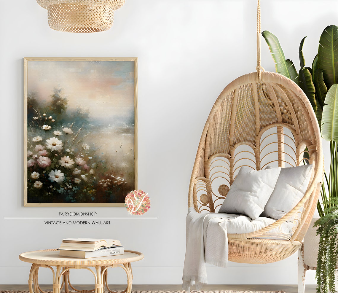 White Wildflowers Misty Meadow Soft Floral Oil Painting Poster - Image 2