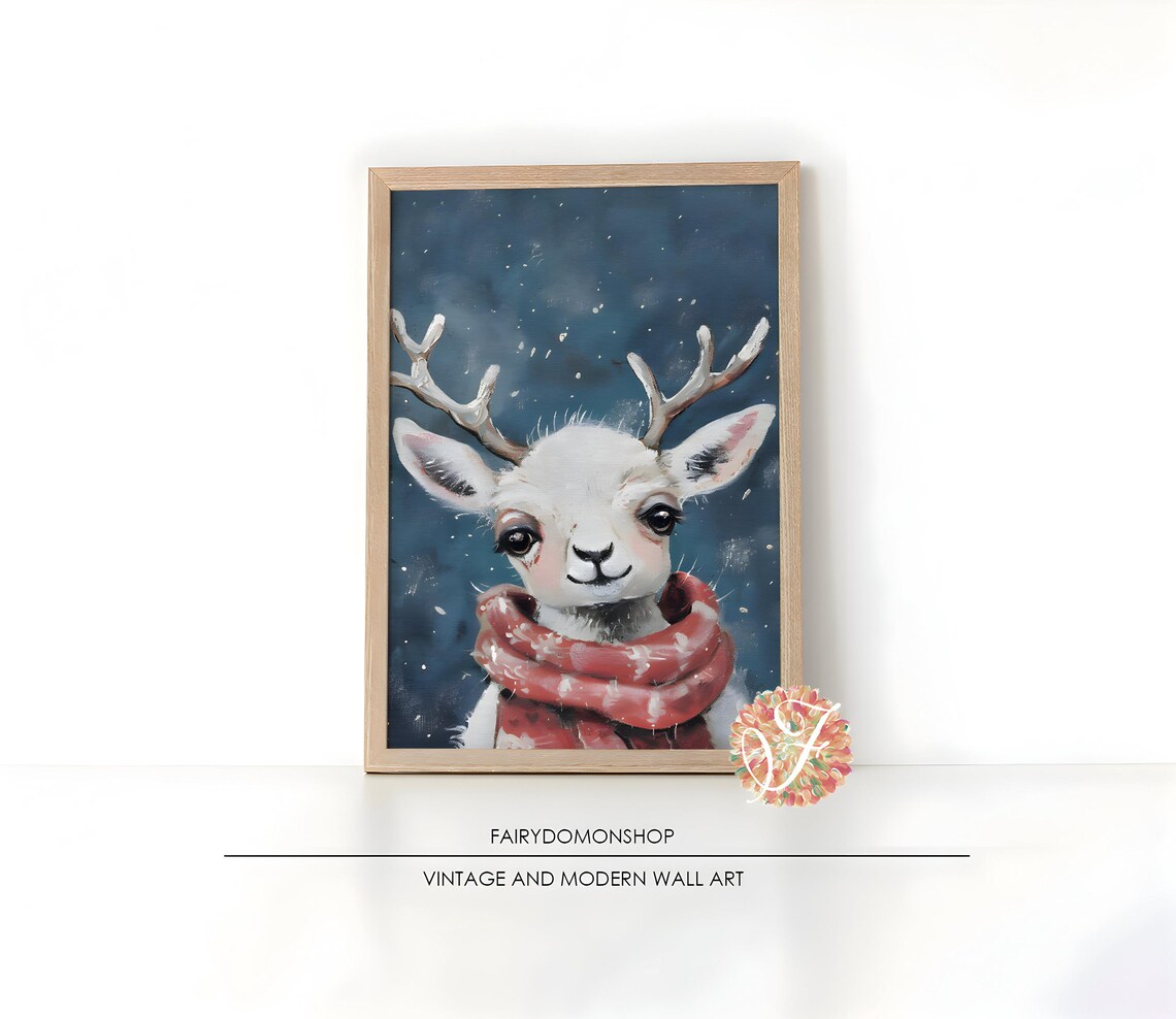 Baby Deer Red Scarf Poster Sweet Snowy Night Woodland Fawn Decor Art