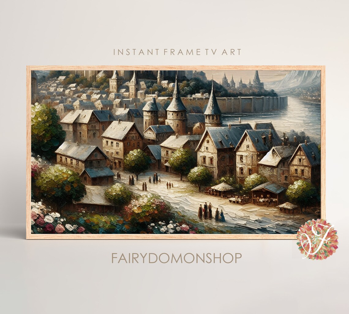 Old European Riverside Village Church Spires Oil Painting Poster
