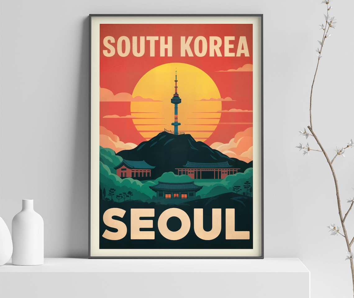 South Korea Seoul N Tower Red Sunset Palace Vintage Travel Poster