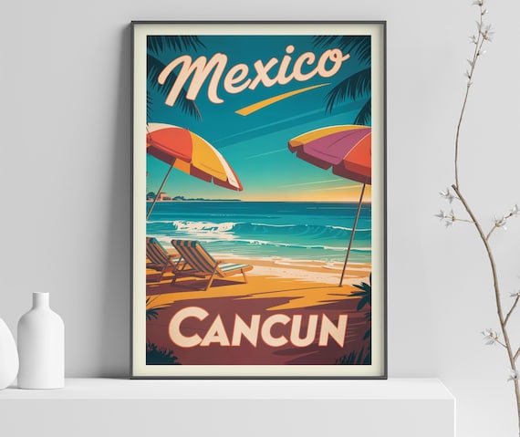 Retro Cancun Poster Mexico Caribbean Coastline Print Tropical Vacation Wall Art For Beach Lovers 367
