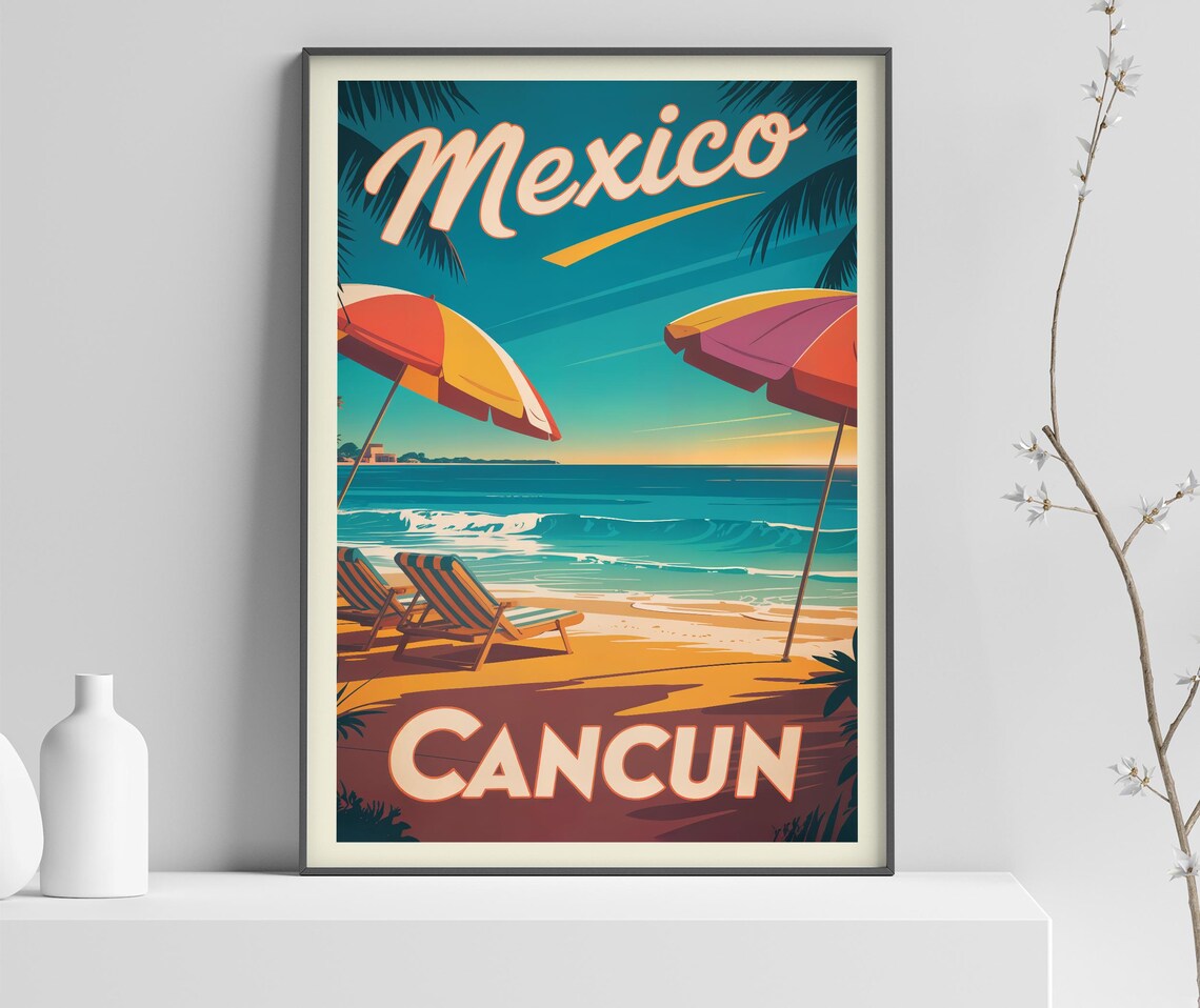 Mexico Cancun Beach Umbrellas Turquoise Ocean Vacation Poster