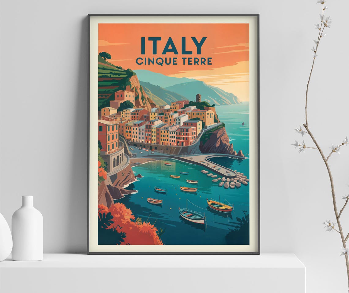 Italy Cinque Terre Orange Sunset Harbor Boats Vintage Poster
