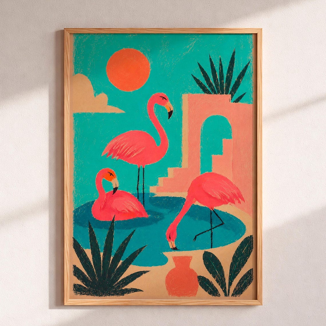 Pink Flamingo Pond Terracotta Sun Midcentury Modern Wall Art