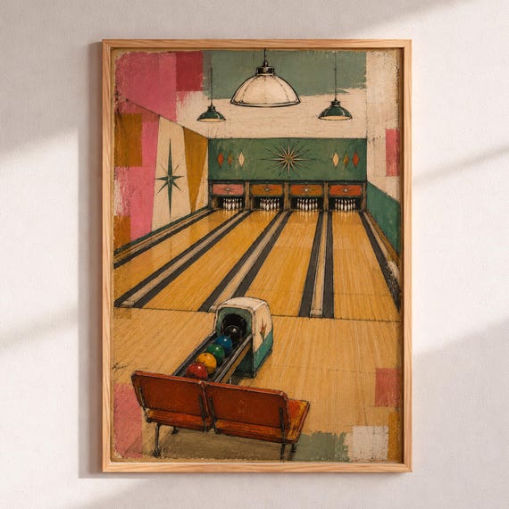Mid Century Bowling Alley Retro Atomic Art Game Room Decor Vintage Print Teal Pink Starburst Nostalgic Bowler Gift