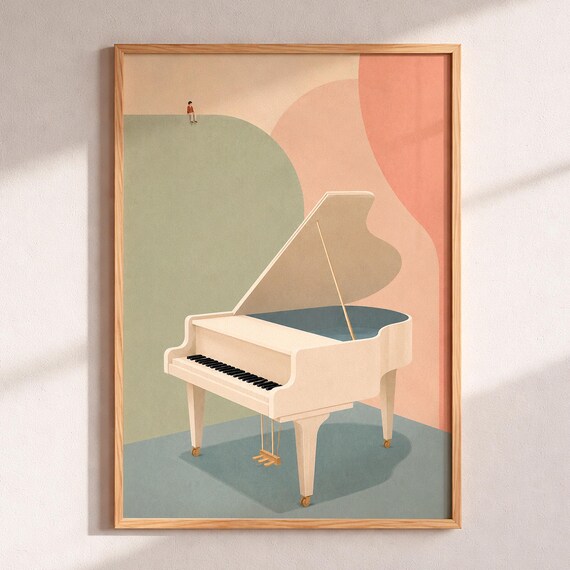 White Grand Piano Poster Surreal Mid Century Modern Pastel Music Art